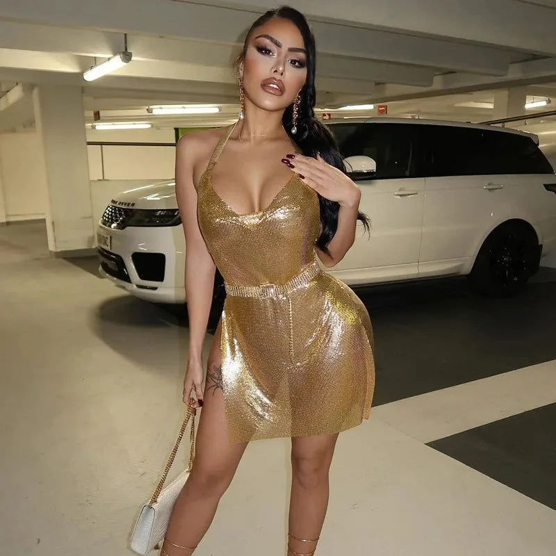 Sexy und modisches Damen-Kleid, elegant, kurz, mit hängendem Hals, rückenfrei, unten auf der Brust, Pailletten, Party-Mädchen-Tanzkleid