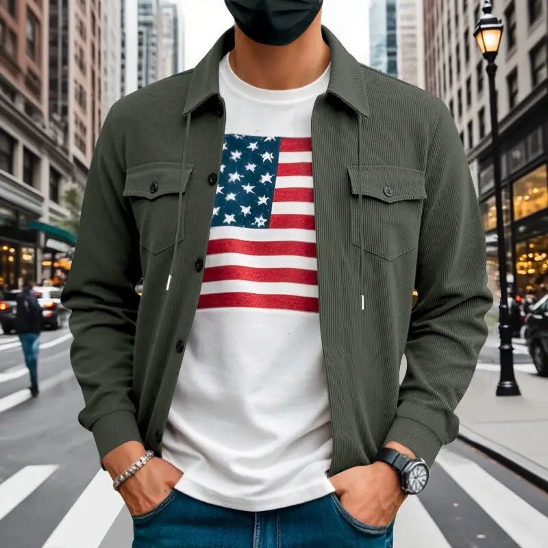 Amerikanische schwere Cord-Herrenjacke, einfache und vielseitige Langarmjacke mit Stehkragen und mehreren Taschen
