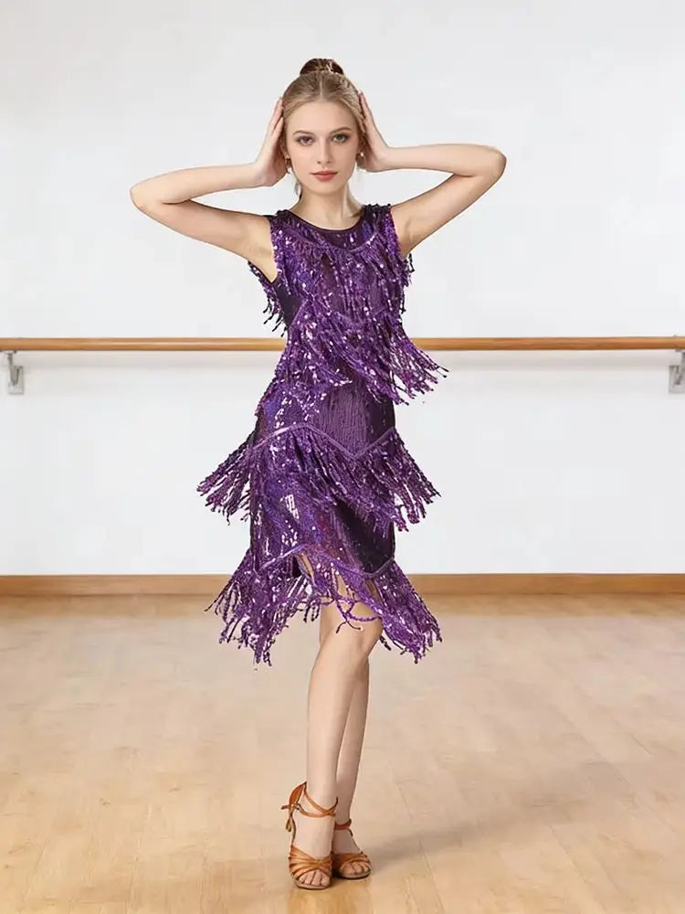Lateinamerikanisches Salsa-Tango-Kleid für Damen mit Pailletten, Asymmetrischen Fransen, Rundhalsausschnitt und Brustmuster für Gesellschaftstanz