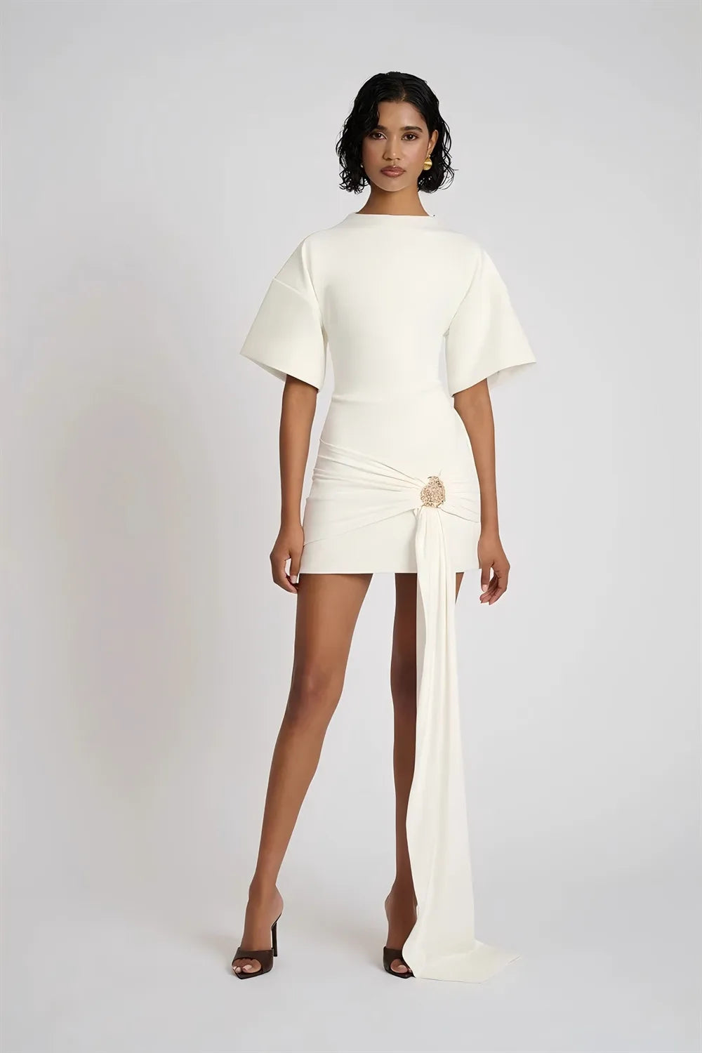 Apprabant Women Buckle Ruched Ribbon Mini Dress O-Neck Metal Short Sleeve Solid Color Silm Bodycon Short Dress Casual Partywear