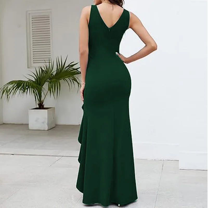 Sexy Schlitz, Rüschen, ärmellos, Abendkleider für Damen, modisch, V-Ausschnitt, schlank, plissiert, elegantes weibliches Maxi-langes Kleid 2025,