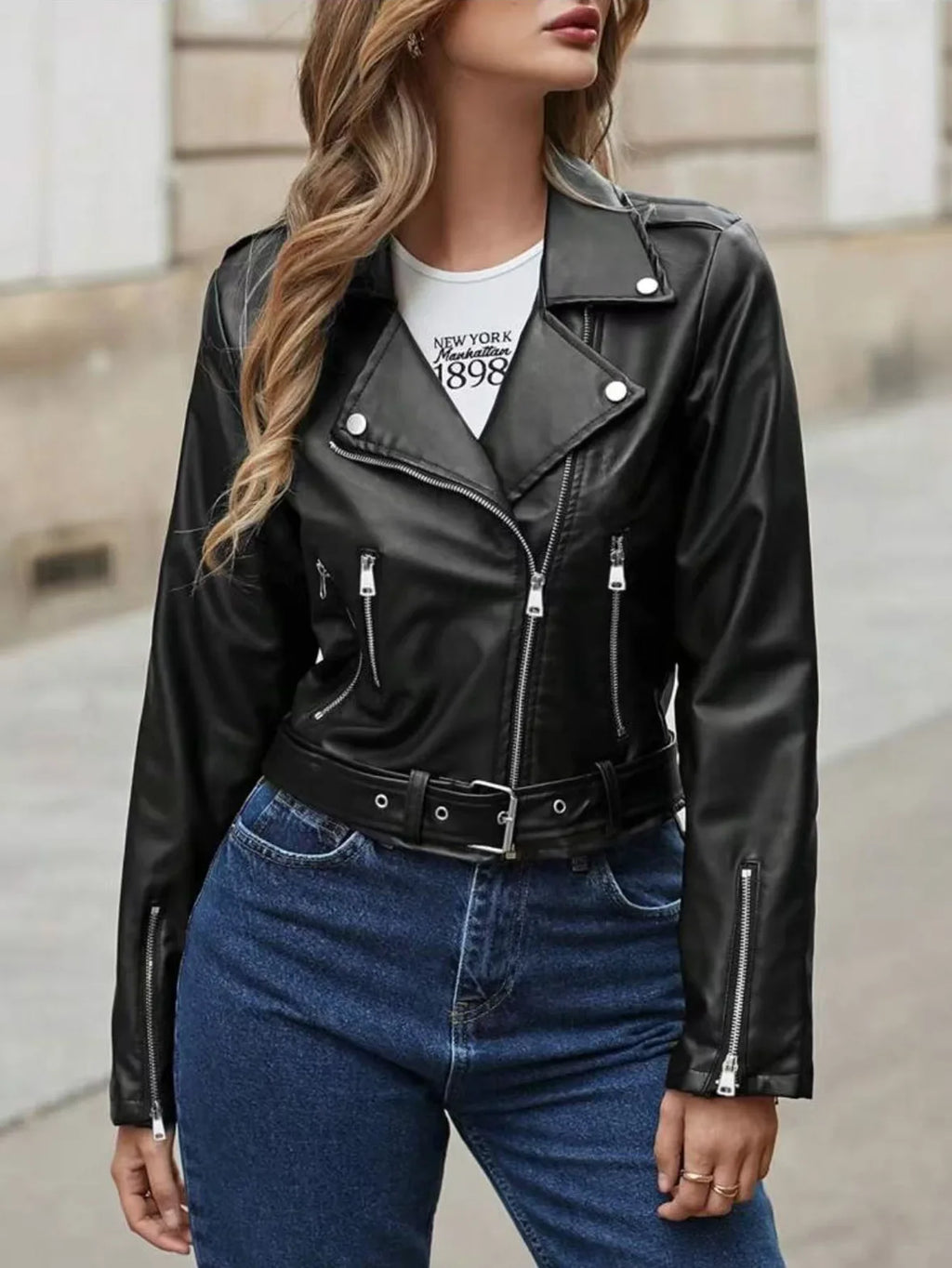Black Short Motorcycle Jacket Women's Slim Fit PU Leather Coat Fake Leather Zipper Collar Full Sleeve Origin China Male Fashion