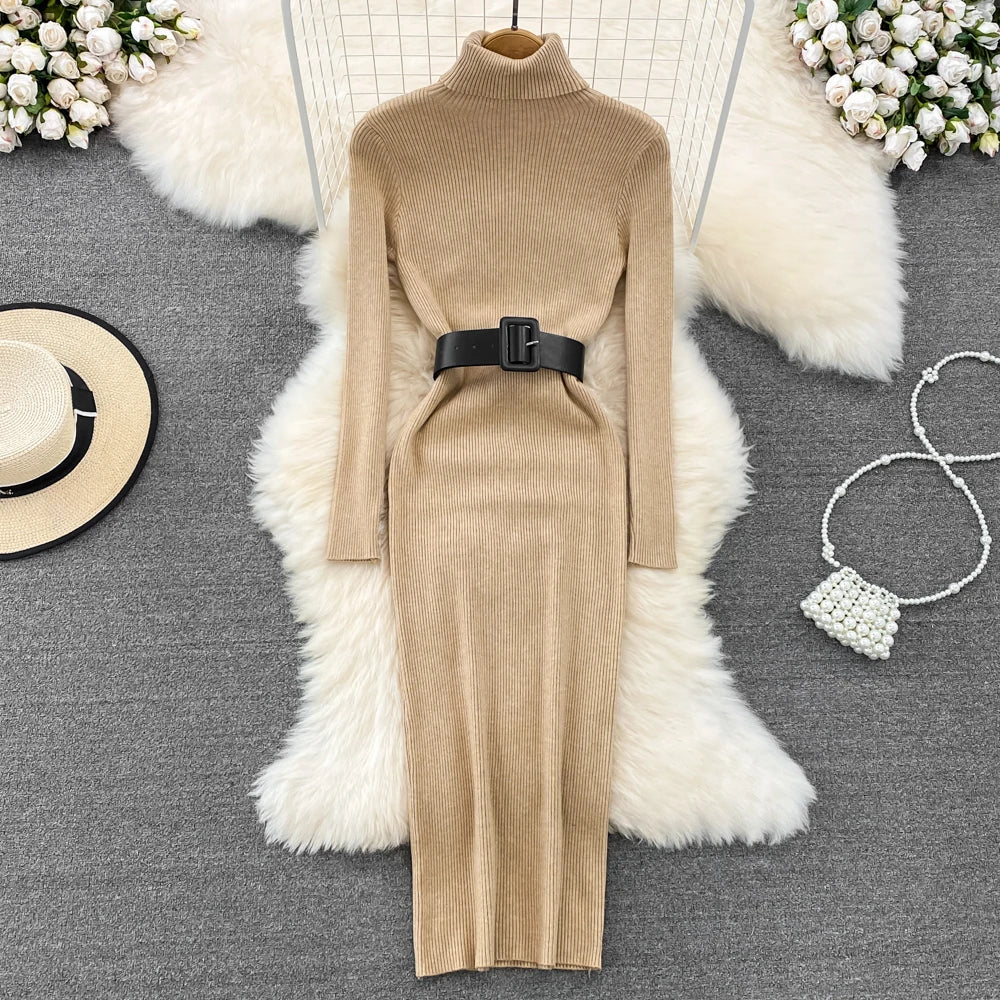 REALEFT Herbst Winter 2025, neue Rollkragen frauen Gestrickte Kleider mit Gürtel Langarm Elegante Bodycon Wrap Kleid Weibliche