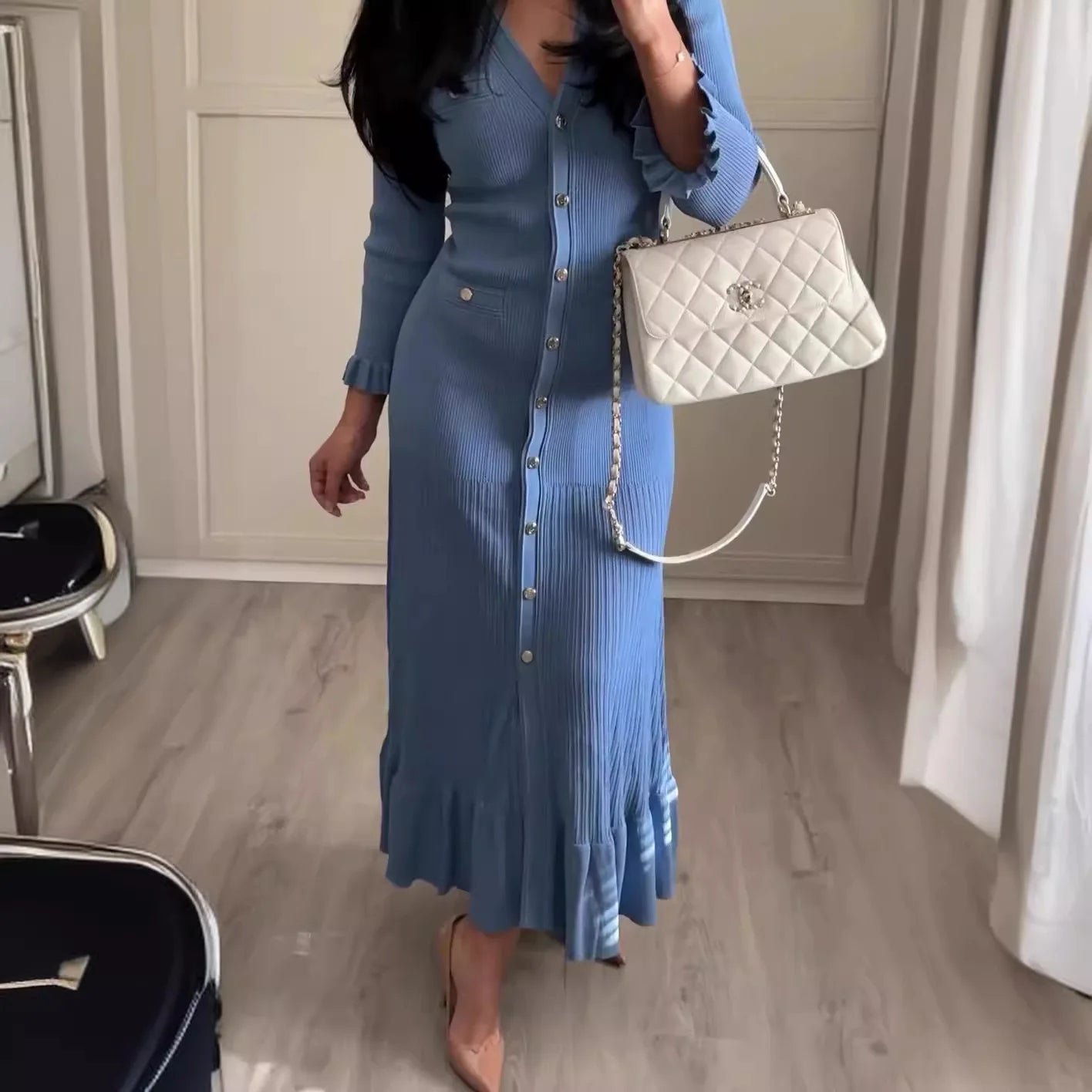 Kleid Frauen Lange Kleider Maxi Einreiher Volle Hülse V-ausschnitt Hohe Taille Schlank Party Herbst Elegante Splice Gestrickte Vestidos