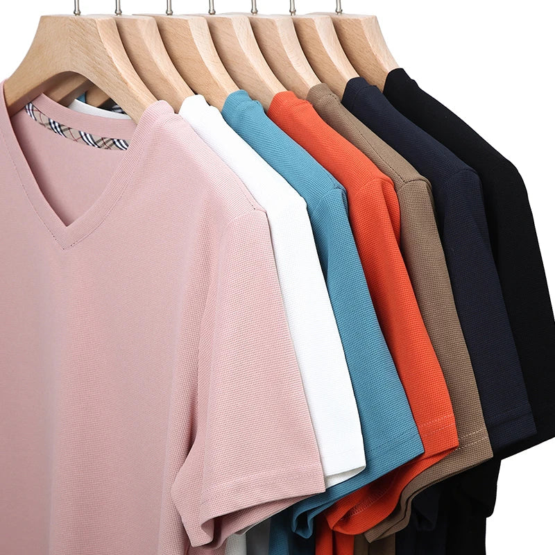 2024 Herren Neues Waffel-T-Shirt mit V-Ausschnitt und kurzen Ärmeln, Sommer, bequemes Oberteil