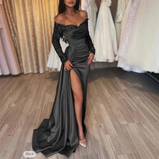 Langärmliges, glitzerndes Pailletten-Abendkleid 2026, formelles Party-Dinner, Bankett, Host-Kleider, elegantes, schulterfreies, bodenlanges Kleid