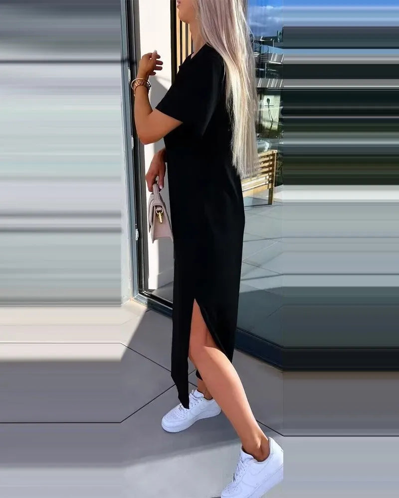 Fashion Simple O Neck Short Sleeve Solid Dress For Women New 2024 Summer Casual Loose Comfortable Split Long Dress Robe Femme