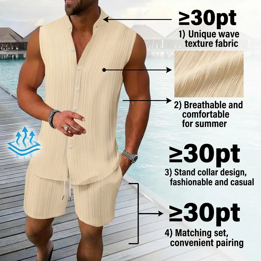 Sommer Neue Herren Mode Stehkragen Einfarbiges Besticktes Ärmelloses Hemd Shorts Set Lässige Strandkleidung