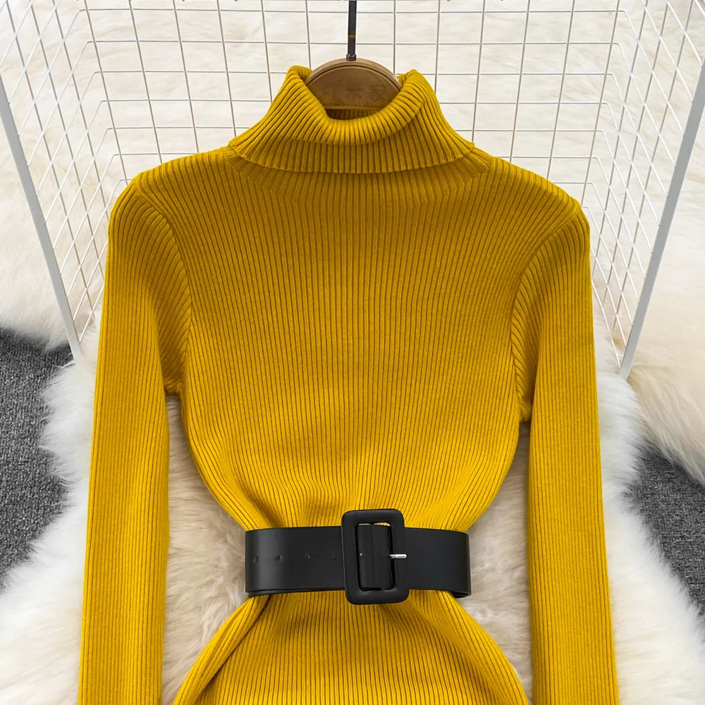 REALEFT Herbst Winter 2025, neue Rollkragen frauen Gestrickte Kleider mit Gürtel Langarm Elegante Bodycon Wrap Kleid Weibliche