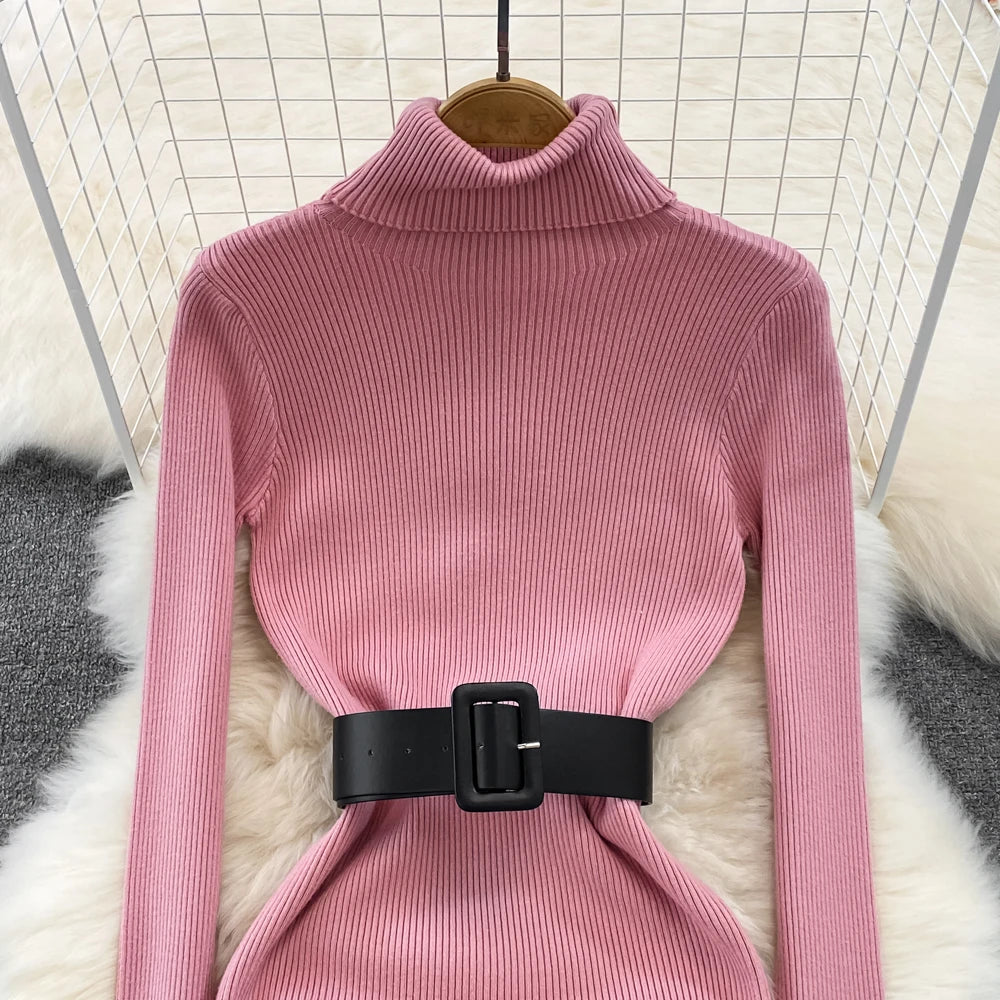 REALEFT Herbst Winter 2025, neue Rollkragen frauen Gestrickte Kleider mit Gürtel Langarm Elegante Bodycon Wrap Kleid Weibliche