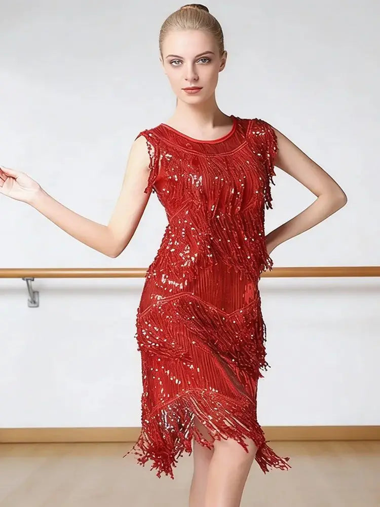 Lateinamerikanisches Salsa-Tango-Kleid für Damen mit Pailletten, Asymmetrischen Fransen, Rundhalsausschnitt und Brustmuster für Gesellschaftstanz