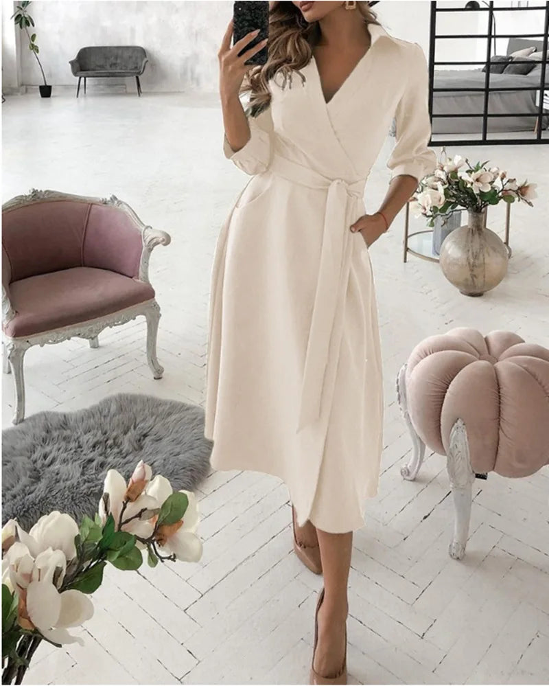 Herbst Neue Casual frauen Mode Lange ärmeln V-ausschnitt Gedruckt Muster Mid-länge Elegante Gedruckt frauen Kleid