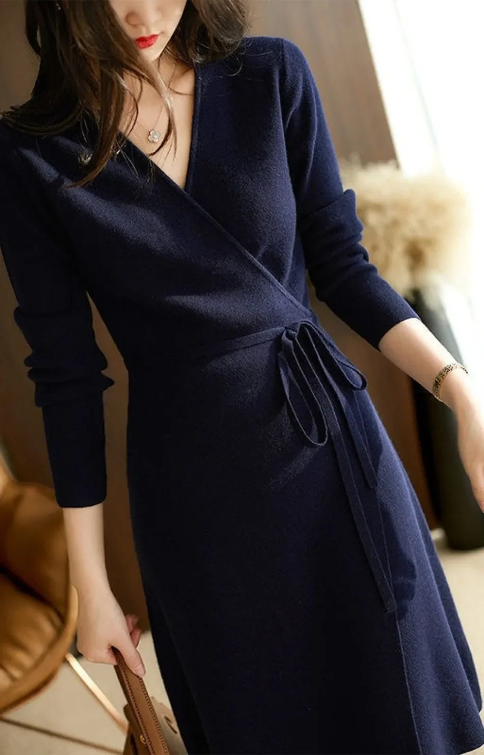 Herbst Winter Pullover Frauen Kleider V-ausschnitt Wrap Up Kleid für Frauen Frau Kleidung Koreanische Version Lose Elegante Gestrickte Rock