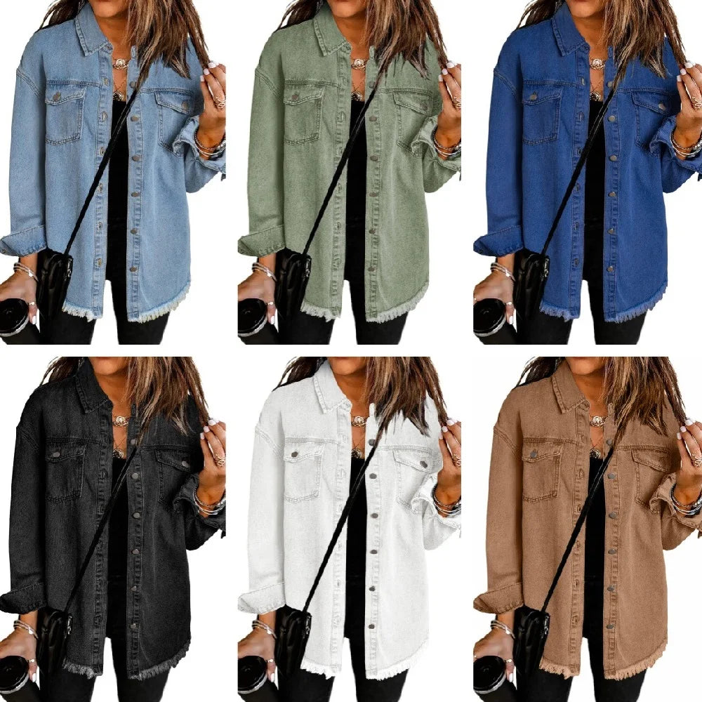 Gewaschene Denim Jacke Frauen Herbst Quaste Revers Jeans Jacke Weibliche Casual Lose Langarm Einreiher Oberbekleidung Shirts Mantel