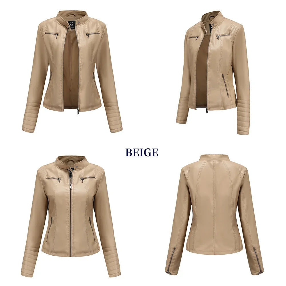 Neue 20-Damen-Lederjacke, dünn, Motorrad-Stil, kurze modische Damenjacke, Stehkragen, volle Ärmel, aus dem Festland China
