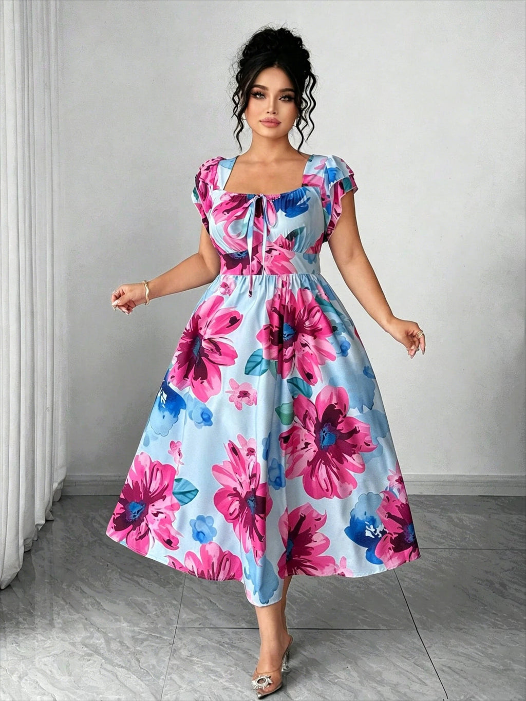 Elegantes, blau bedrucktes A-Linien-Kleid für Damen in Übergröße, schmal geschnittenes, lässiges Minikleid für den Alltag und Verabredungen