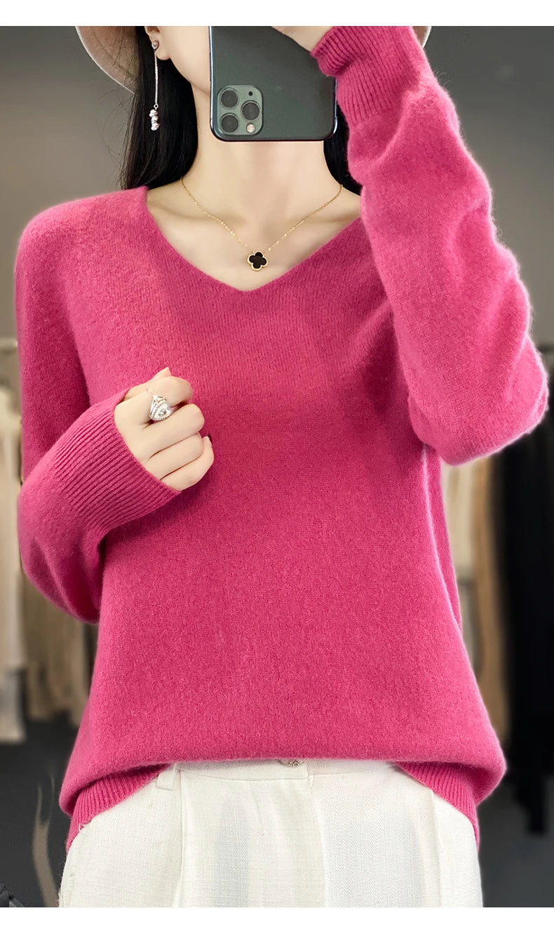 Frauen 100% Merinowolle Pullover V-Ausschnitt Basic Pullover Herbst Winter Kaschmir Kleidung Langarm weiche Strickwaren Tops einfarbig