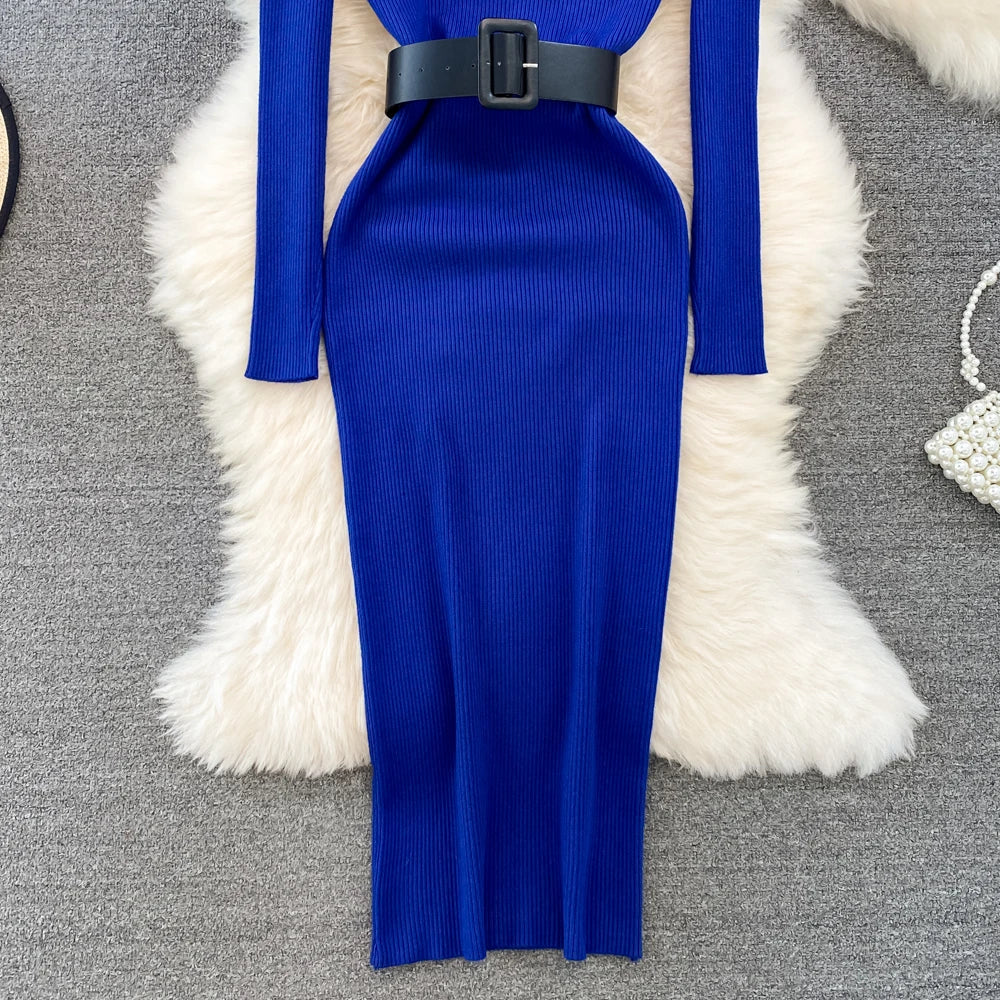 REALEFT Herbst Winter 2025, neue Rollkragen frauen Gestrickte Kleider mit Gürtel Langarm Elegante Bodycon Wrap Kleid Weibliche