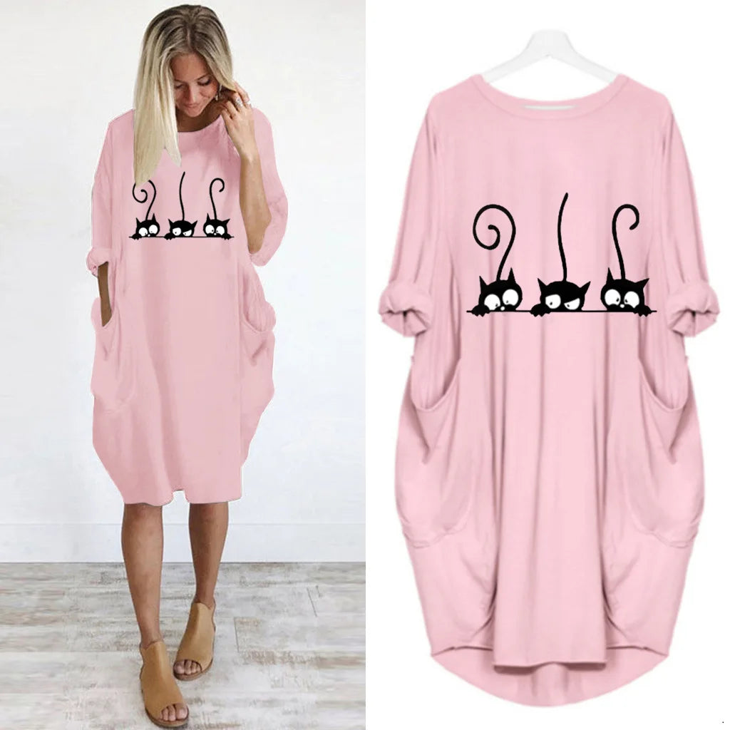 Frauen Lose Lange Ärmeln Sommer Plus Größe Kleid Herbst Winter Casual Rundhals Einfarbig Langarm Tasche Lose Pullove