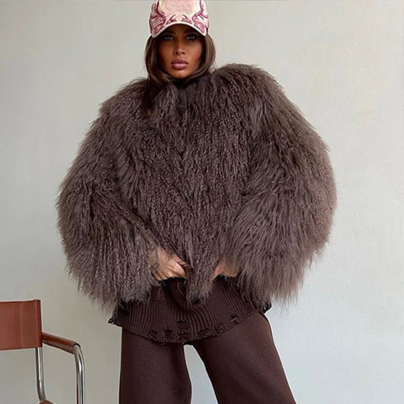 Mongolei Woolen Faux Pelz Jacke Solide Frauen Mode Drehen Unten Kragen Langarm Strickjacke Kurze Mäntel Dame Täglichen Straße Outwears