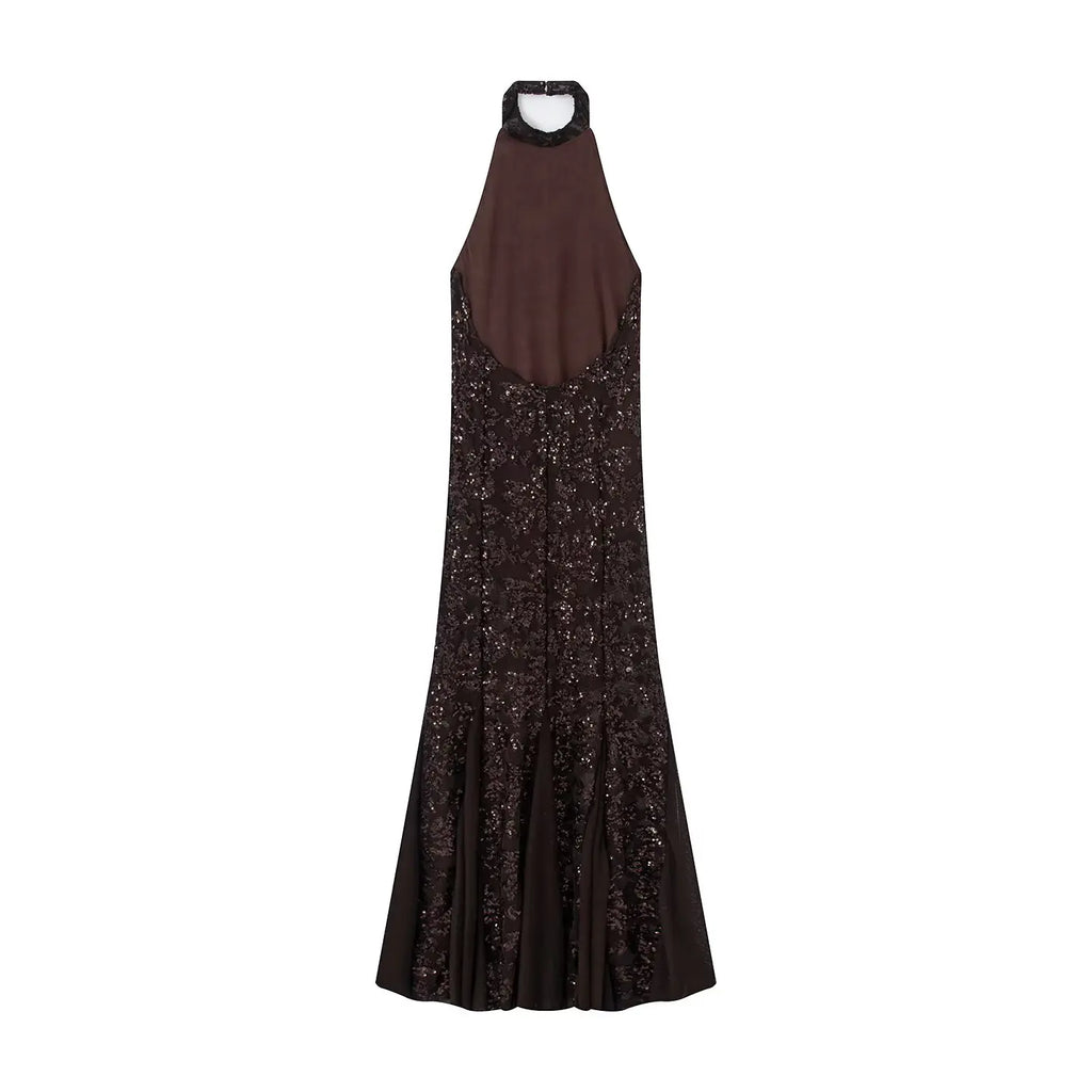 HH Damen Neues Modisches Abendkleid Sommer Ärmellos Rückenfrei Pailletten Bestickt Neckholder Dekoration Sexy Langes Kleid