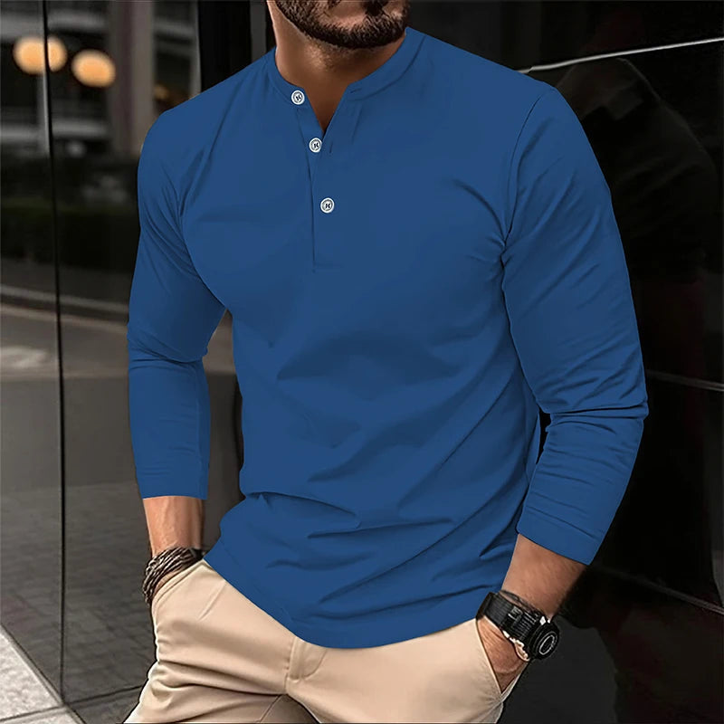 2025 männer Sommer Langarm Henry Polo Casual Atmungsaktiv Komfortable Polo-Shirt Solide Hohe Qualität Männliche T-Shirt Dropshipping