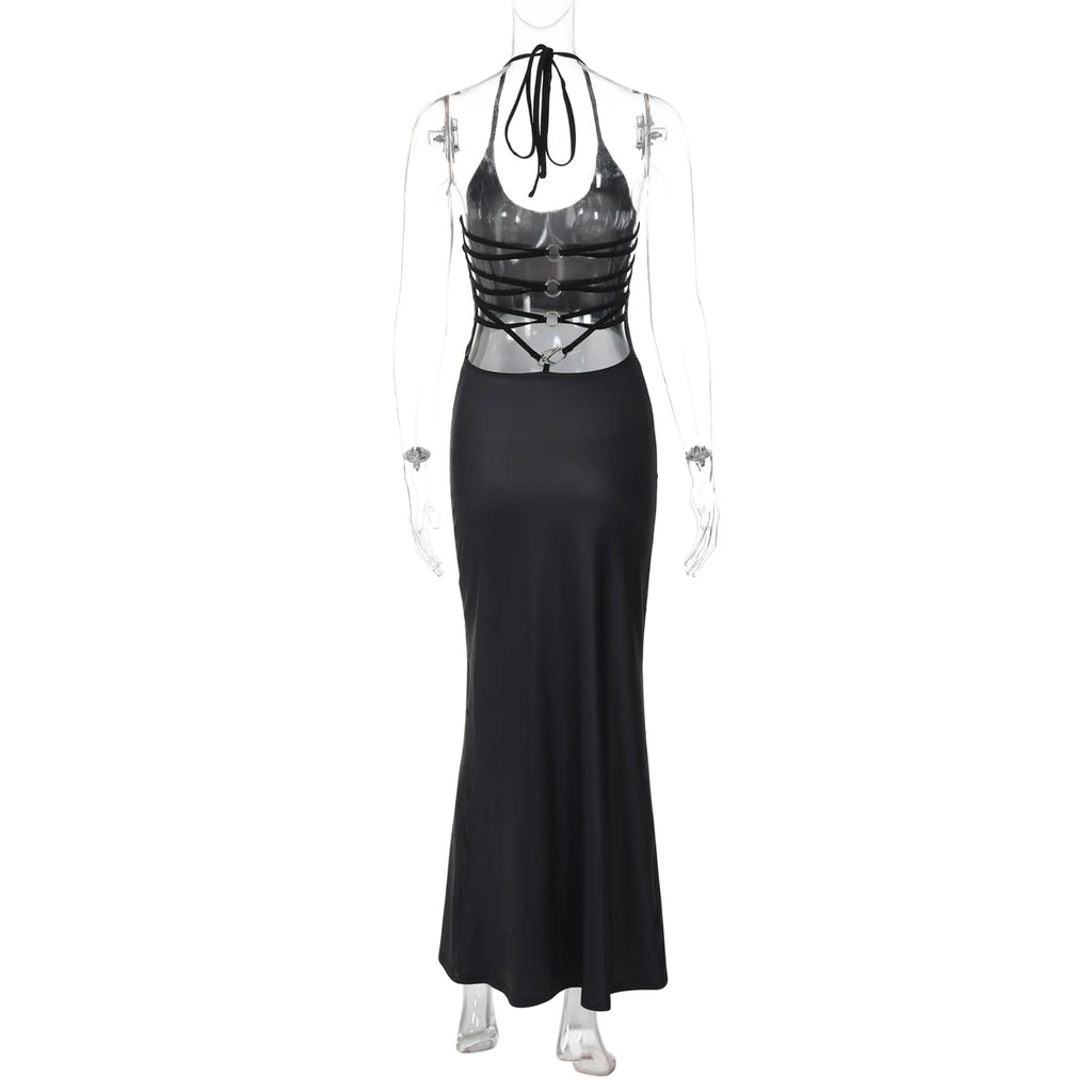 Hugcitar 2025 Frühling Halter Print Halter-Backless Verband Gürtel Sexy Bodycon Maxi Kleid Frauen Mode Outfits Streetwear Festival