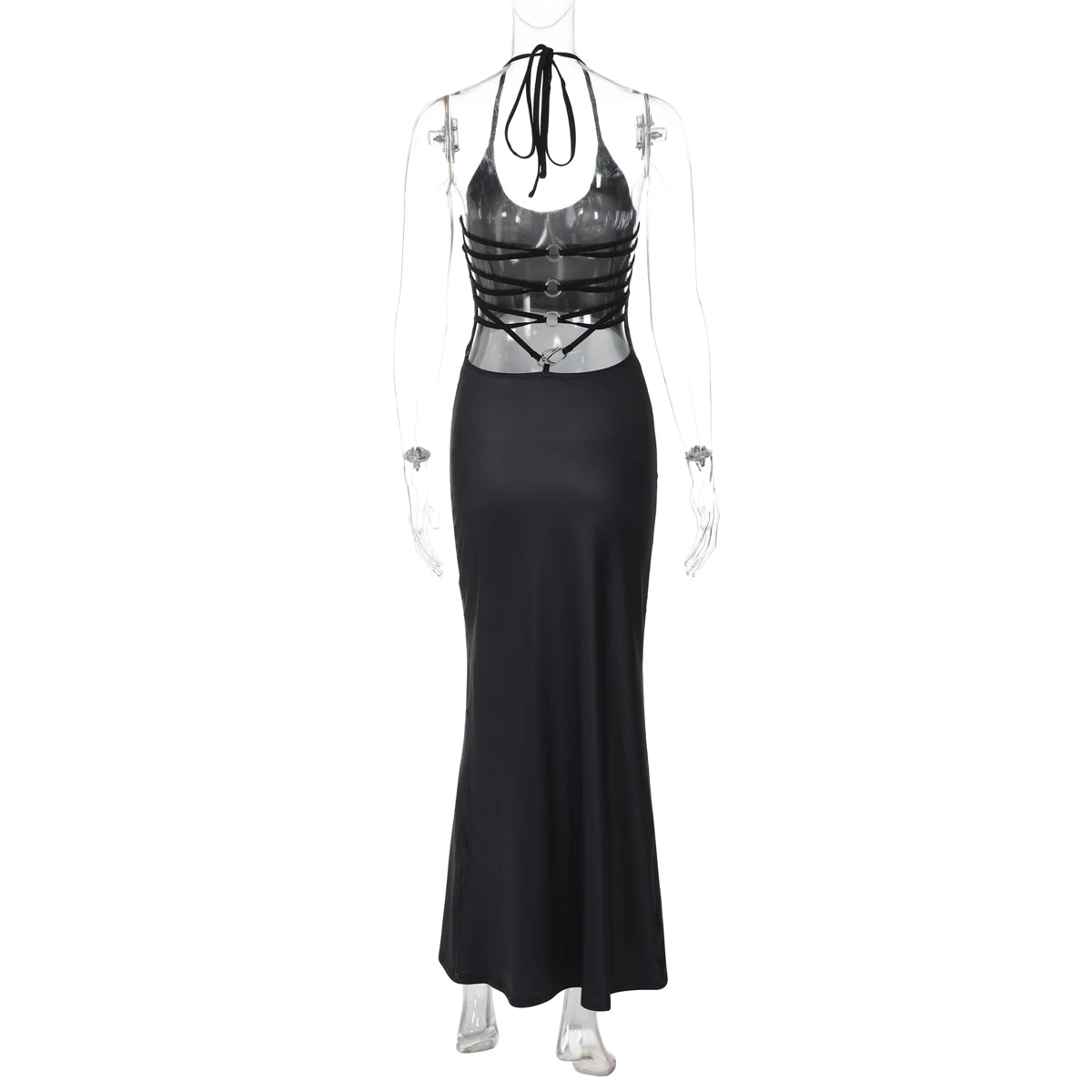 Hugcitar 2025 Frühling Halter Print Halter-Backless Verband Gürtel Sexy Bodycon Maxi Kleid Frauen Mode Outfits Streetwear Festival