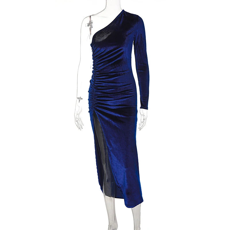 Frauen Elegante Langarm Party Abend Samt Bodycon Split Bleistift Midi Kleid Frühling Herbst Kleidung