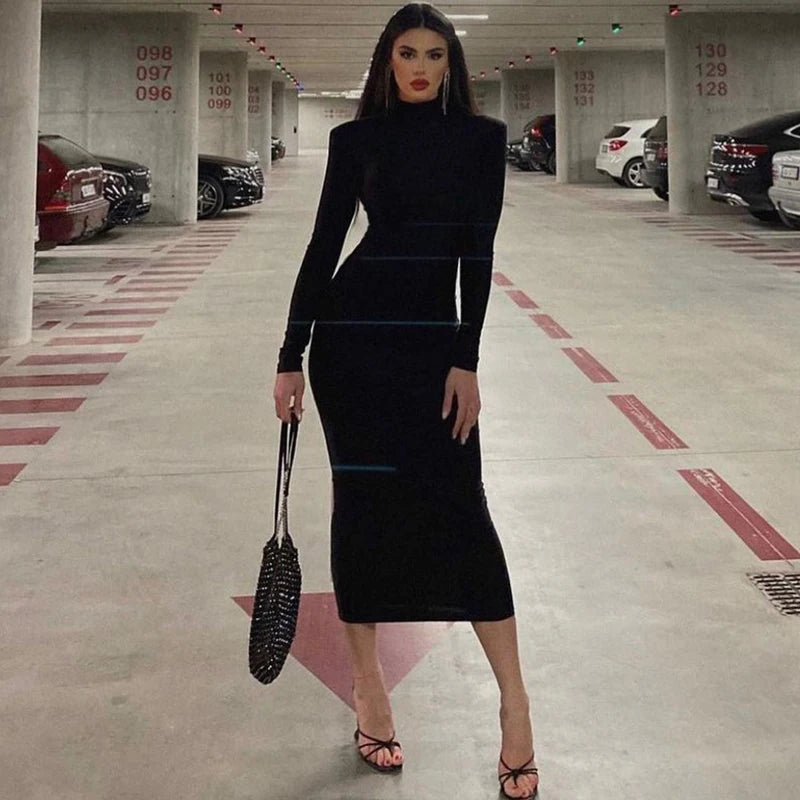 Hugcitar Frauen Mode Rollkragen Lange Ärmel Schwarz Sexy Bodycon Maxi Prom Kleid Herbst Casual Kleidung Streetwear Party Festival