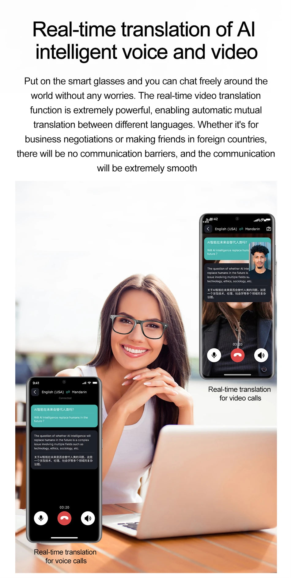 AI Intelligent Translation Glasses 163 Online Language AI Automatic Dialogue Translation Bluetooth Translation Glasses Men Women