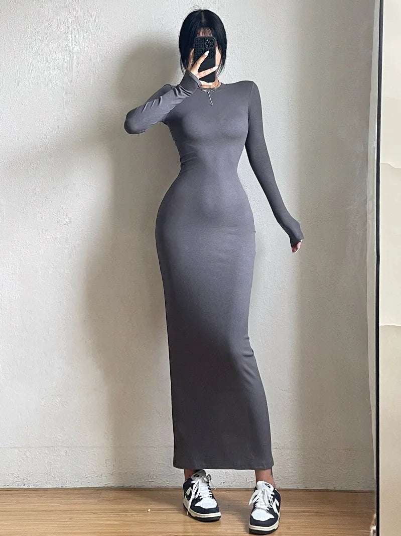 WOMENGAGA Einfache Maxi Langes Kleid Rundhals Langarm Enge Dünne Maxi Kleider Elegante Mode Koreanische Frauen Robe DEH8