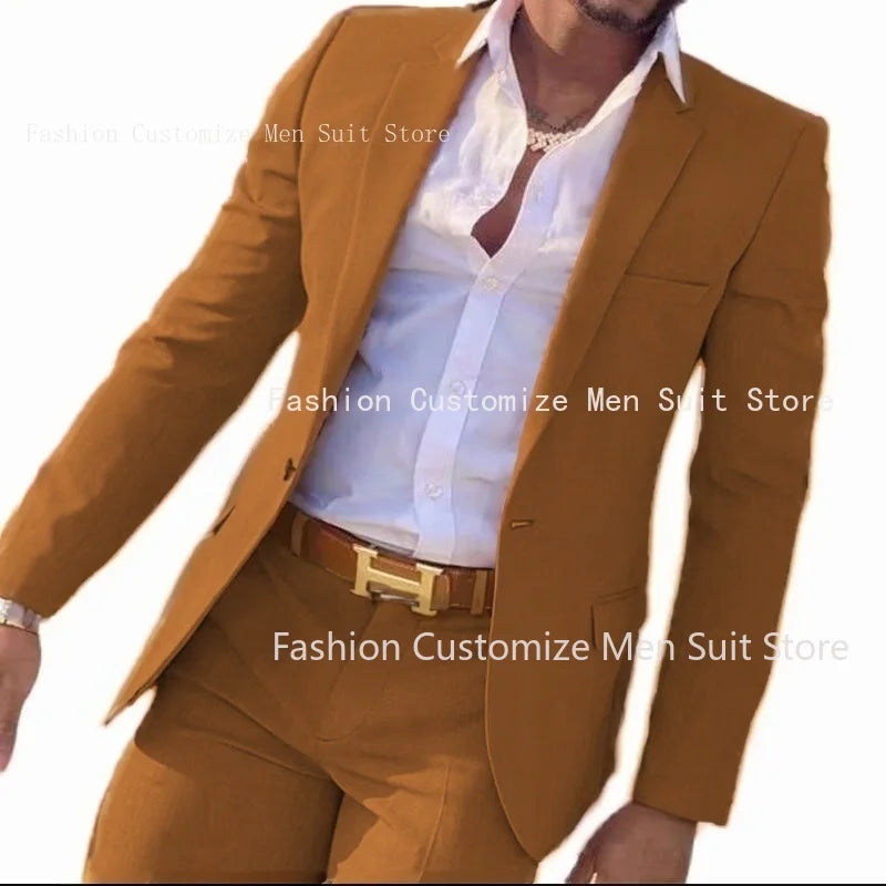 2-teiliger beigefarbener Anzug für Männer, Slim Fit, Hochzeit, Bräutigam, Smoking, Trauzeugenanzüge, männliche Mode, Raucherkostüm, Homme, Blazer mit Hosen