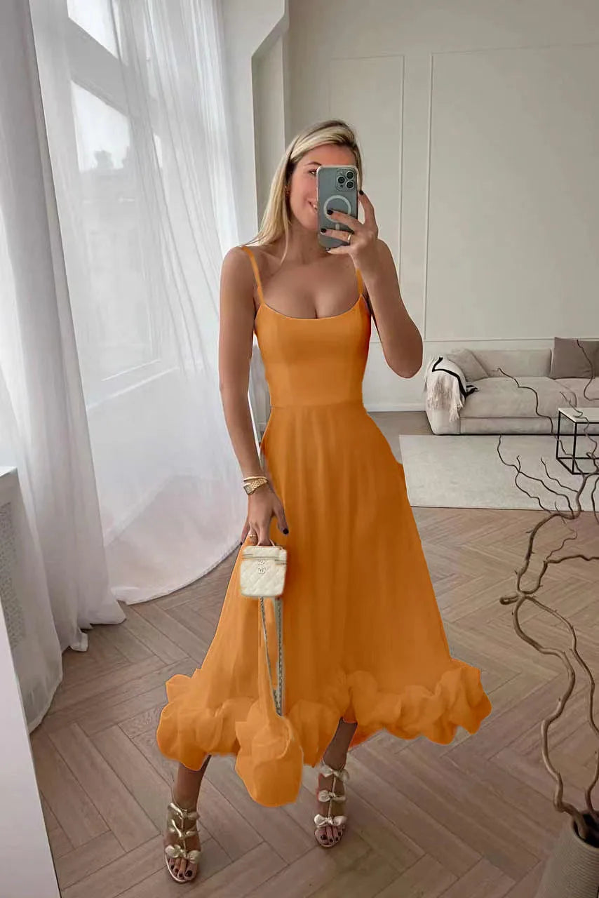 Elegante Rüschen solide Schlinge langes Kleid Frauen Riemen Taille Party Kleider Mode ärmellose rücken freie Strands chaukel Rock A-Linie Tutu