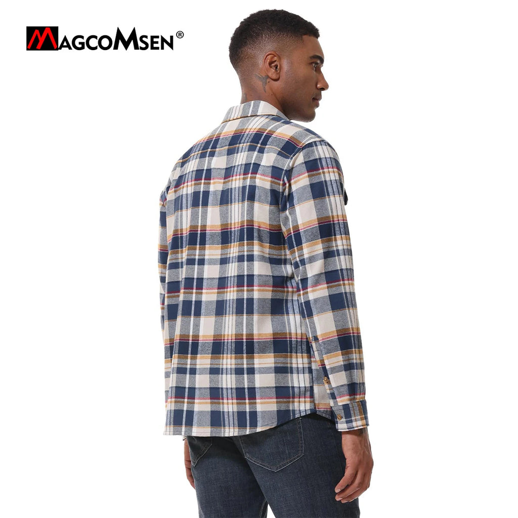 MAGCOMSEN Flanellhemden für Herren, langärmelig, Baumwolle, langärmelig, kariertes Hemd mit 2 Taschen, Knopfleiste, lässiges Cordhemd für Herren