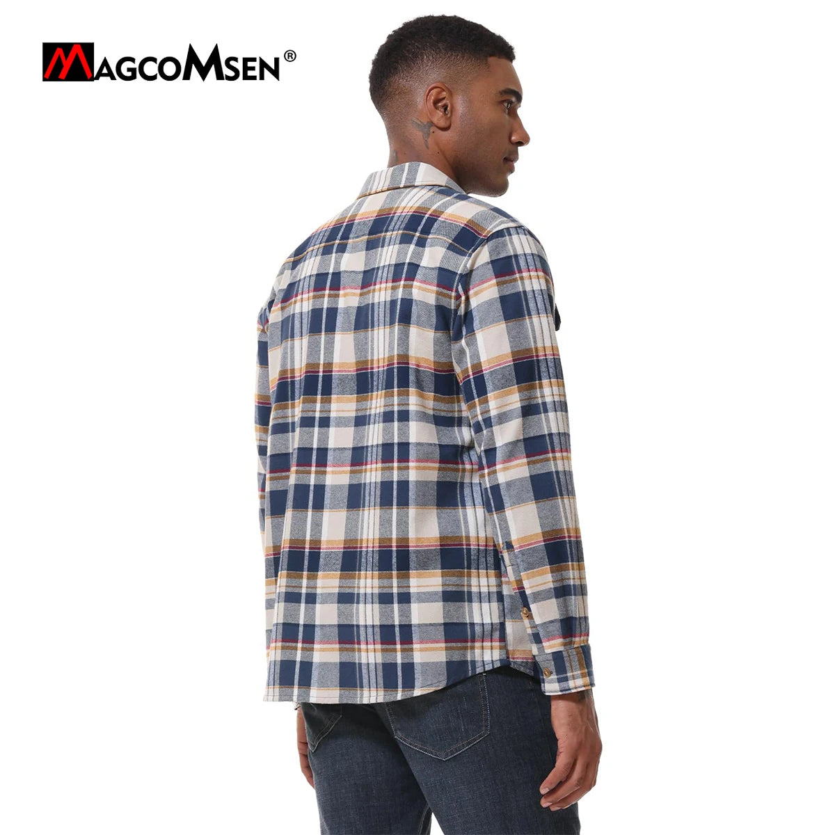 MAGCOMSEN Flanellhemden für Herren, langärmelig, Baumwolle, langärmelig, kariertes Hemd mit 2 Taschen, Knopfleiste, lässiges Cordhemd für Herren