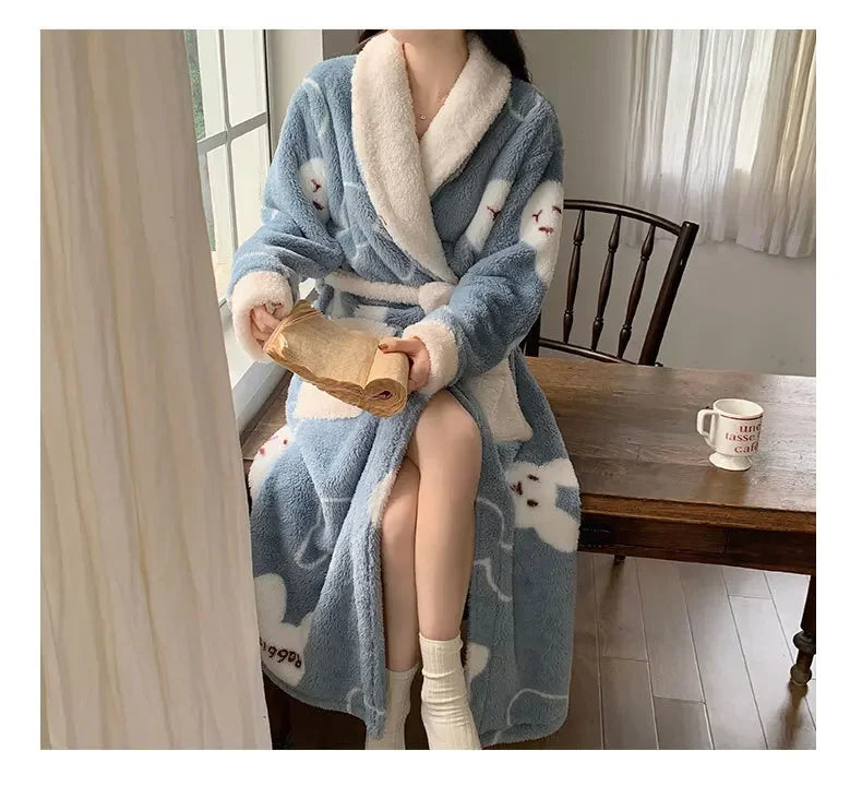 Verdickte Korallen Fleece Robe frauen V-ausschnitt Gürtel Langarm Mid-länge Süße Stil Warme Hause Kleidung Winter Saison