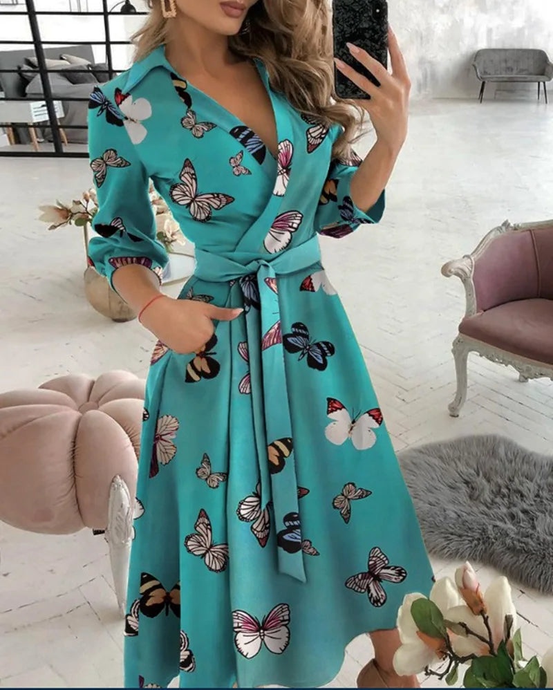 Herbst Neue Casual frauen Mode Lange ärmeln V-ausschnitt Gedruckt Muster Mid-länge Elegante Gedruckt frauen Kleid
