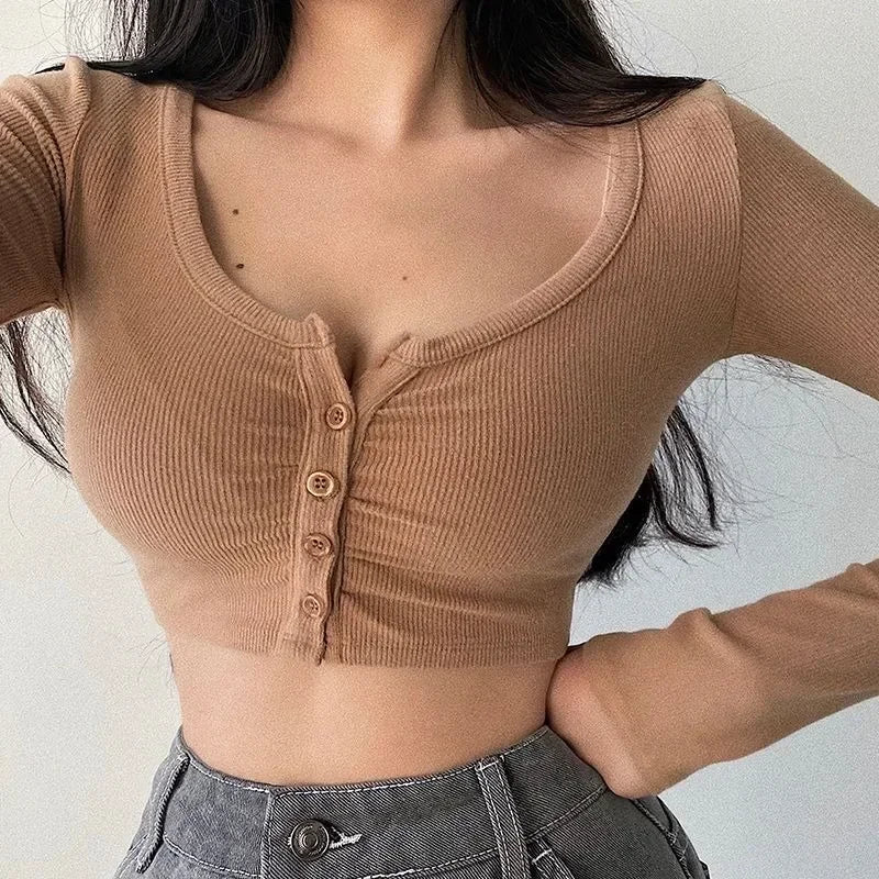 sommer Sexy Frauen Crop Tops Langarm T-shirt Clubwear Tasten Solide T Shirt Frauen Schwarz Weiß Schlank Tops