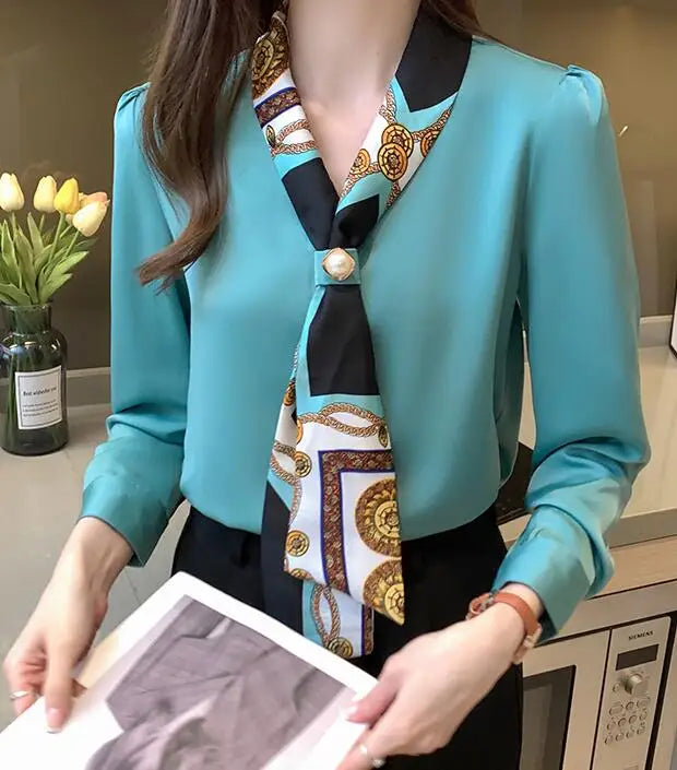 H Han Königin Frühling Chiffon Einfache Büro Dame Bluse Weibliches Hemd Bogen Tops Langarm Casual Koreanische OL Lose Blusen Frauen