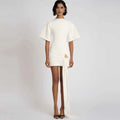 Apprabant Women Buckle Ruched Ribbon Mini Dress O-Neck Metal Short Sleeve Solid Color Silm Bodycon Short Dress Casual Partywear