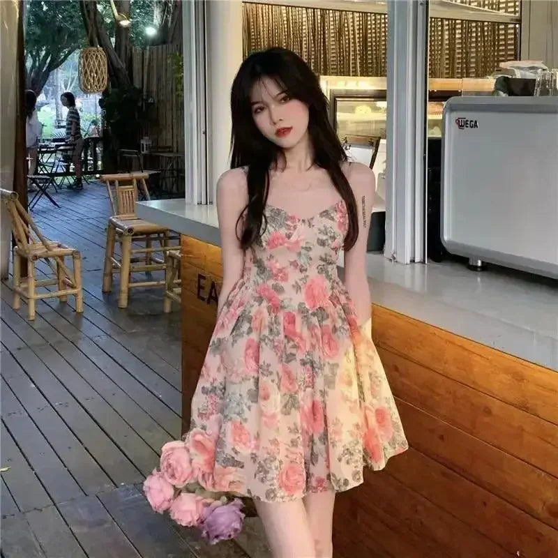 Elegantes, hoch tailliertes, schlankes, florales Tank kleid für Frauen im Frühling und Sommer im französischen Stil