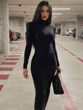 Hugcitar Frauen Mode Rollkragen Lange Ärmel Schwarz Sexy Bodycon Maxi Prom Kleid Herbst Casual Kleidung Streetwear Party Festival