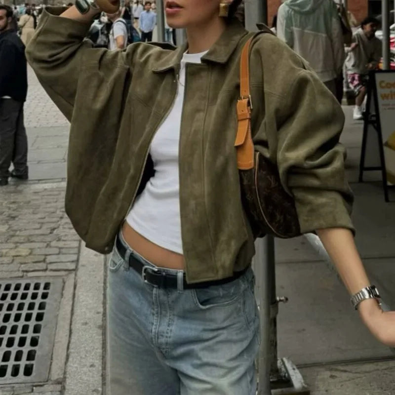 Wildlederjacke im Retro-Stil, Reißverschlusskragen, Oberbekleidung für Damen, mittlere Dicke, lange Ärmel, Street Fashion, lockere Passform, Herbst und Winter