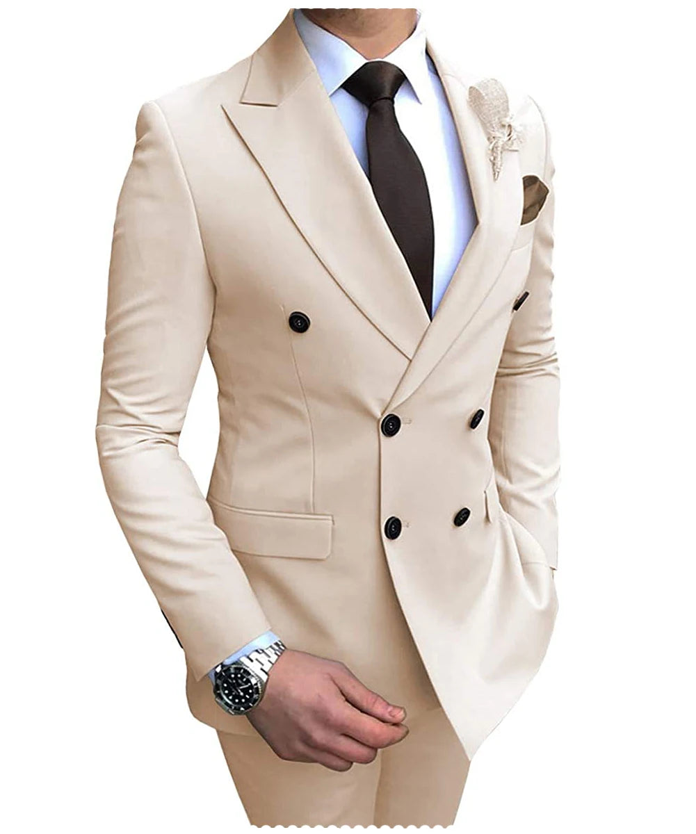 2024 Neuer beigefarbener Herrenanzug, 2-teilig, zweireihig, Reverskragen, flach, schmale Passform, lässiger Smoking für Hochzeit (Blazer + Hose)