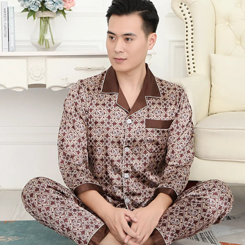 Hohe Qualität Pyjamas Set Männer Frühling Herbst Dünne Polyester Eis Seide Lange ärmeln Nachtwäsche Plus Größe Sommer Hause Kleidung männlichen