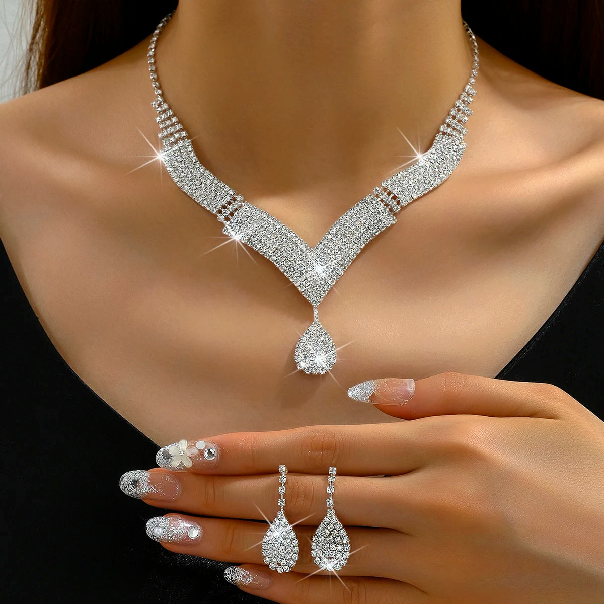 3 Stück modische Strasssteine, Wassertropfen, Halsketten, Ohrringe, Schmucksets, Damen-Hochzeitsaccessoires