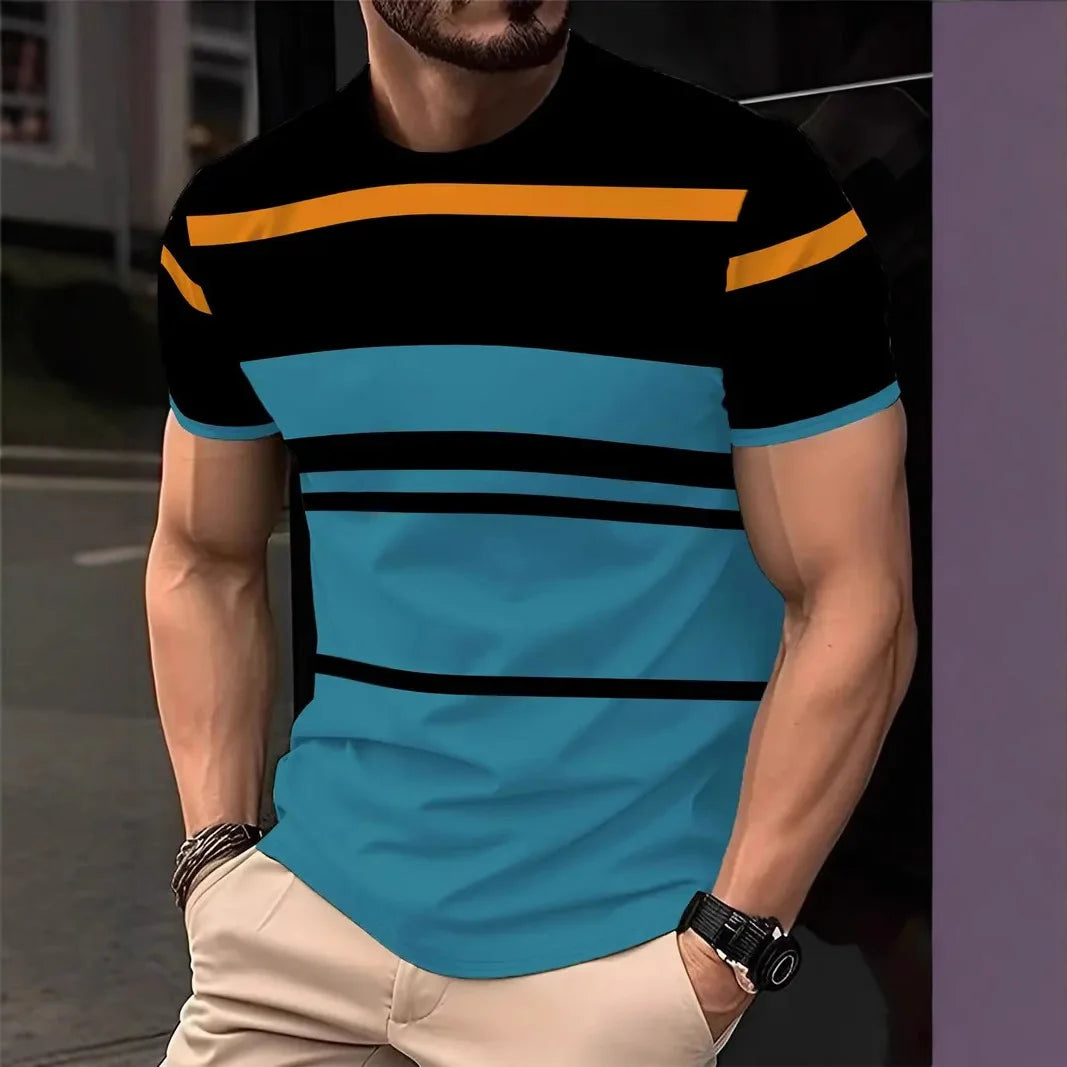 2025, Sommer Herrenmode, 3D-T-Shirt, Spleißen, bedruckt, Farbblockierung, lässig, schlank, kurzärmelig, Outdoor-Sport, Laufen, Fitness