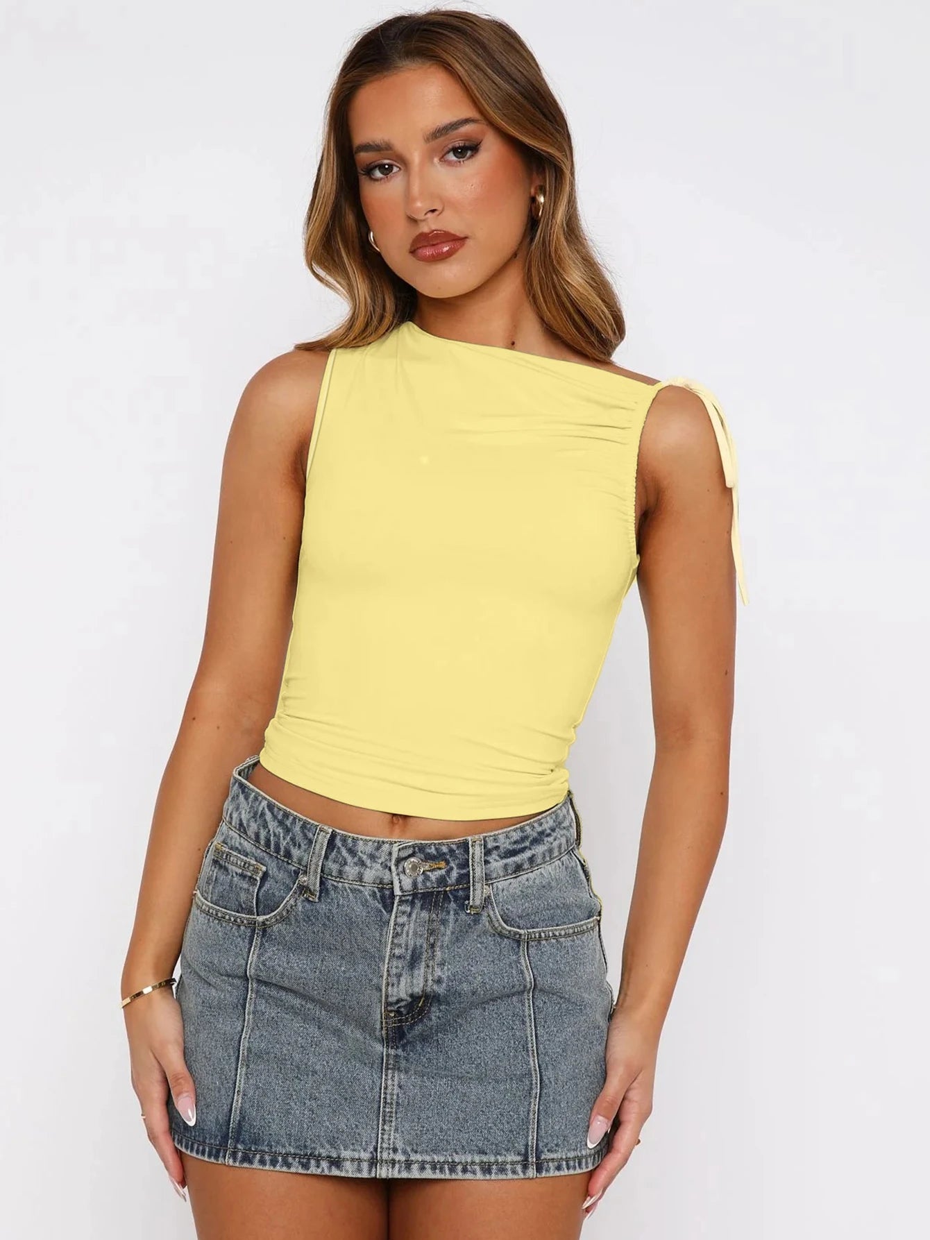 Dulzura Ärmelloses Skew Kragen Geraffte Spitze Up Bodycon Crop Top Sexy Elegante Casual Tank Party Club Streetwear Frühling Sommer