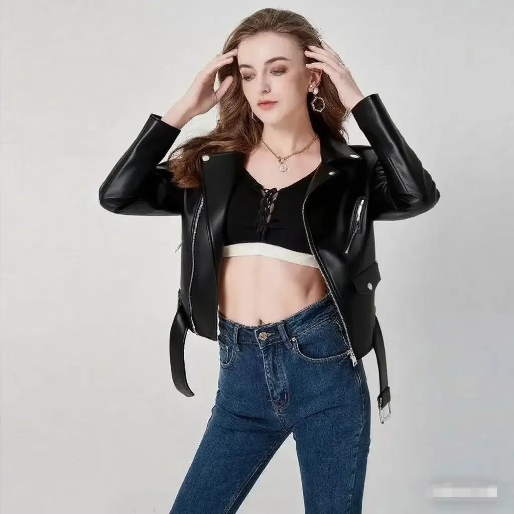 Damen-PU-Lederjacke, schmale Passform, Motorrad, gewaschener Reißverschluss, Oberteil, Herbst-Winter, modische Oberbekleidung, lässiger Stil, volle Ärmel